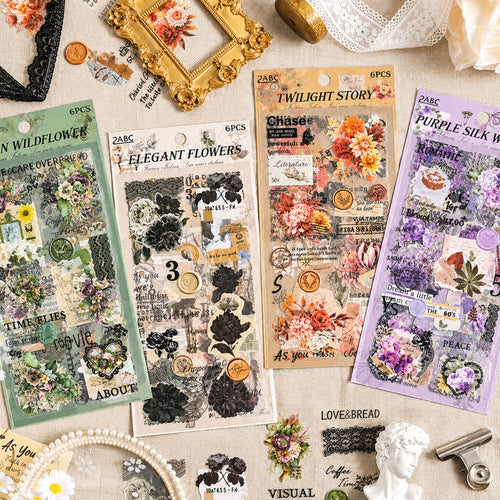 Vintage Floral & Lace PET Sticker Set, 4 Assorted Color Packs Flat Lay on Vintage Background