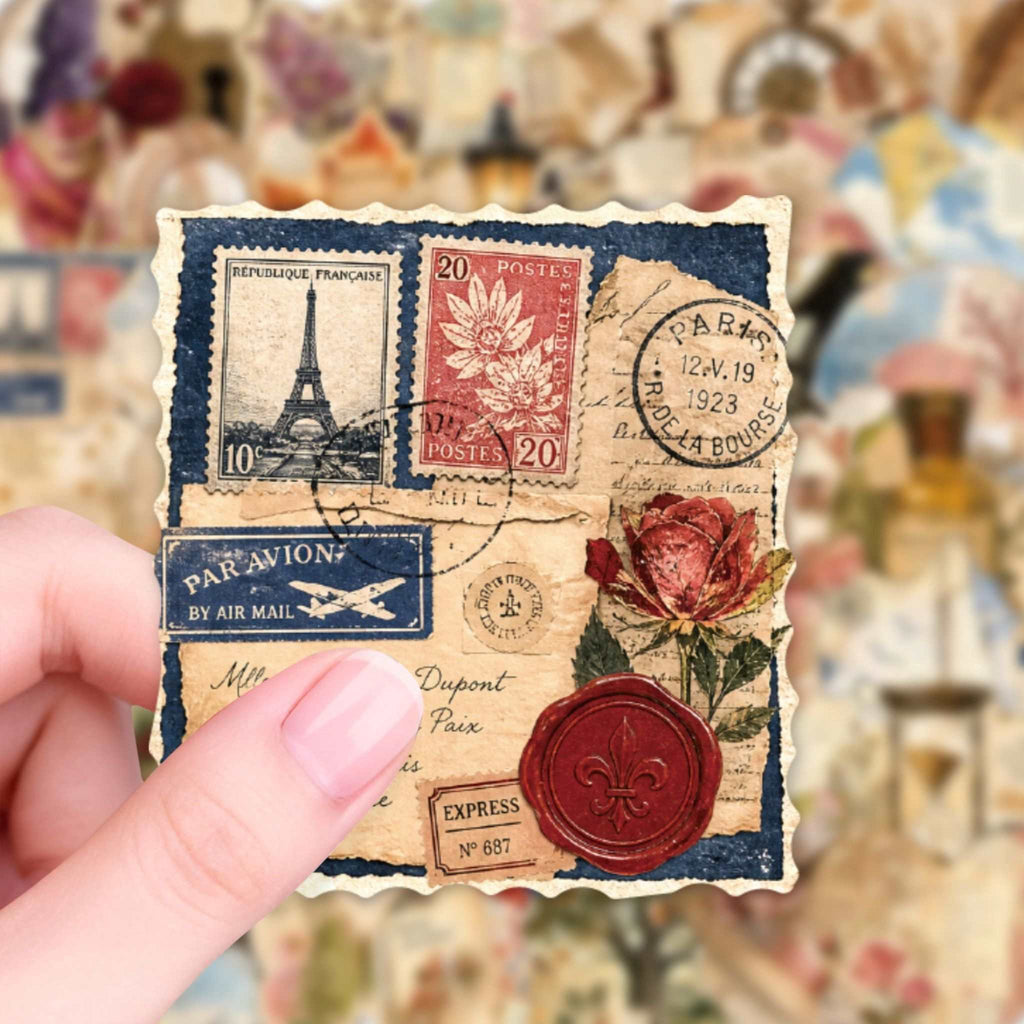 Vintage Postal Collage Stickers, Hand Holding Close-up Showing Stamp and Floral Details