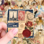 Vintage Postal Collage Stickers, Hand Holding Close-up Showing Stamp and Floral Details