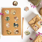 Vintage Postal Collage Stickers, Kraft Paper Journal Layout with Scrapbooking Stickers, Pencil and Twine Wrapped Gift Box