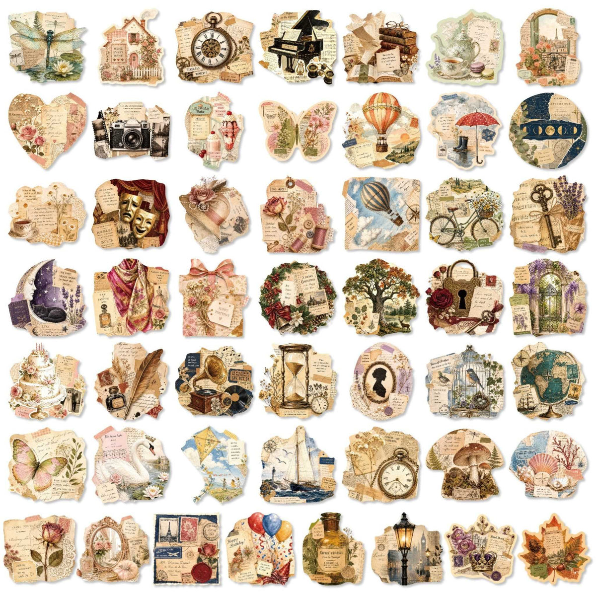 Vintage Postal Collage Stickers, Full Sheet Layout Showing Assorted Vintage Designs