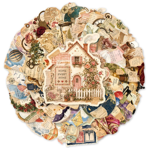Vintage Postal Collage Stickers, Circular Collage Display with House and Stamp Motifs