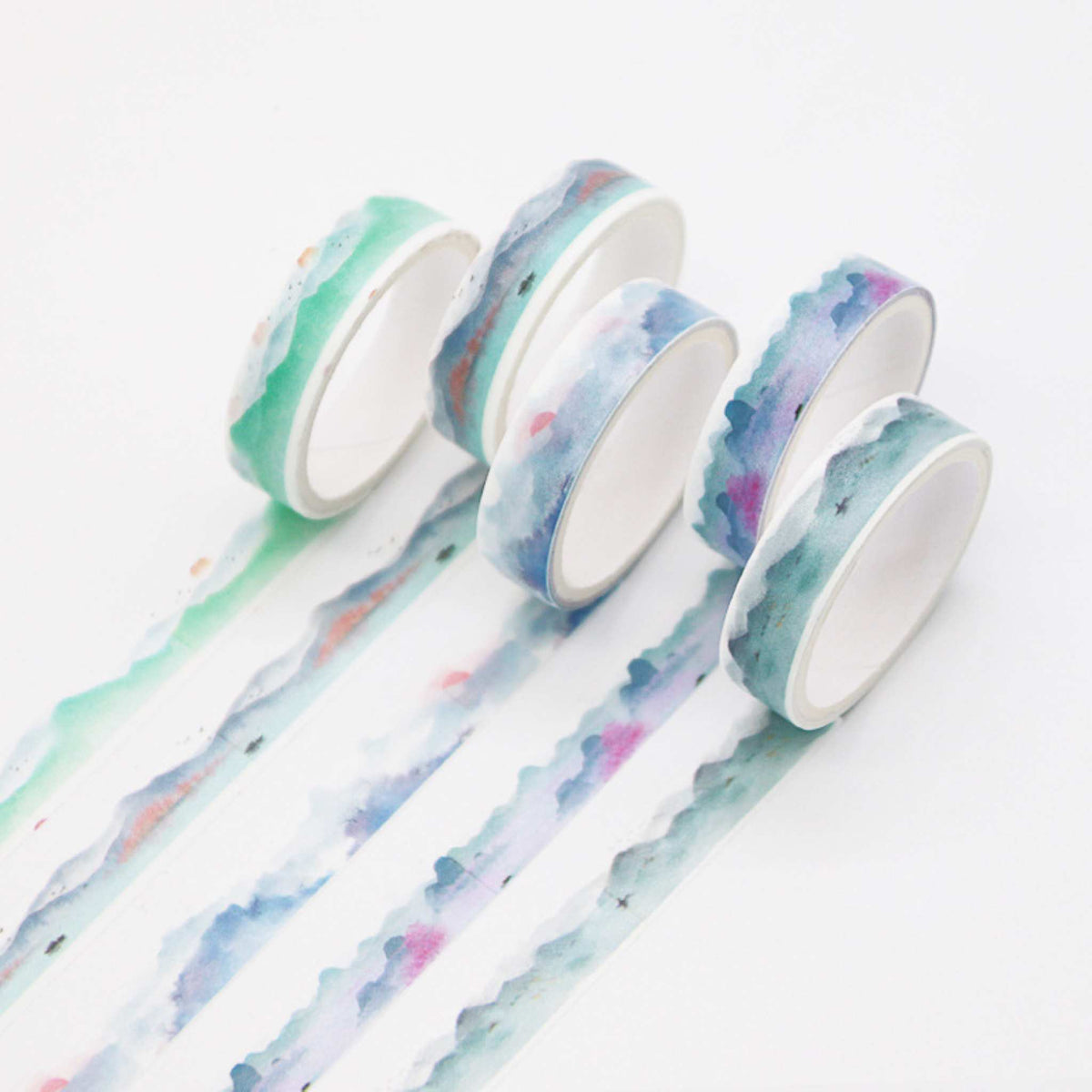 Cute Illustrated Washi Tape Set, Watercolor Wash 5 Rolls Display