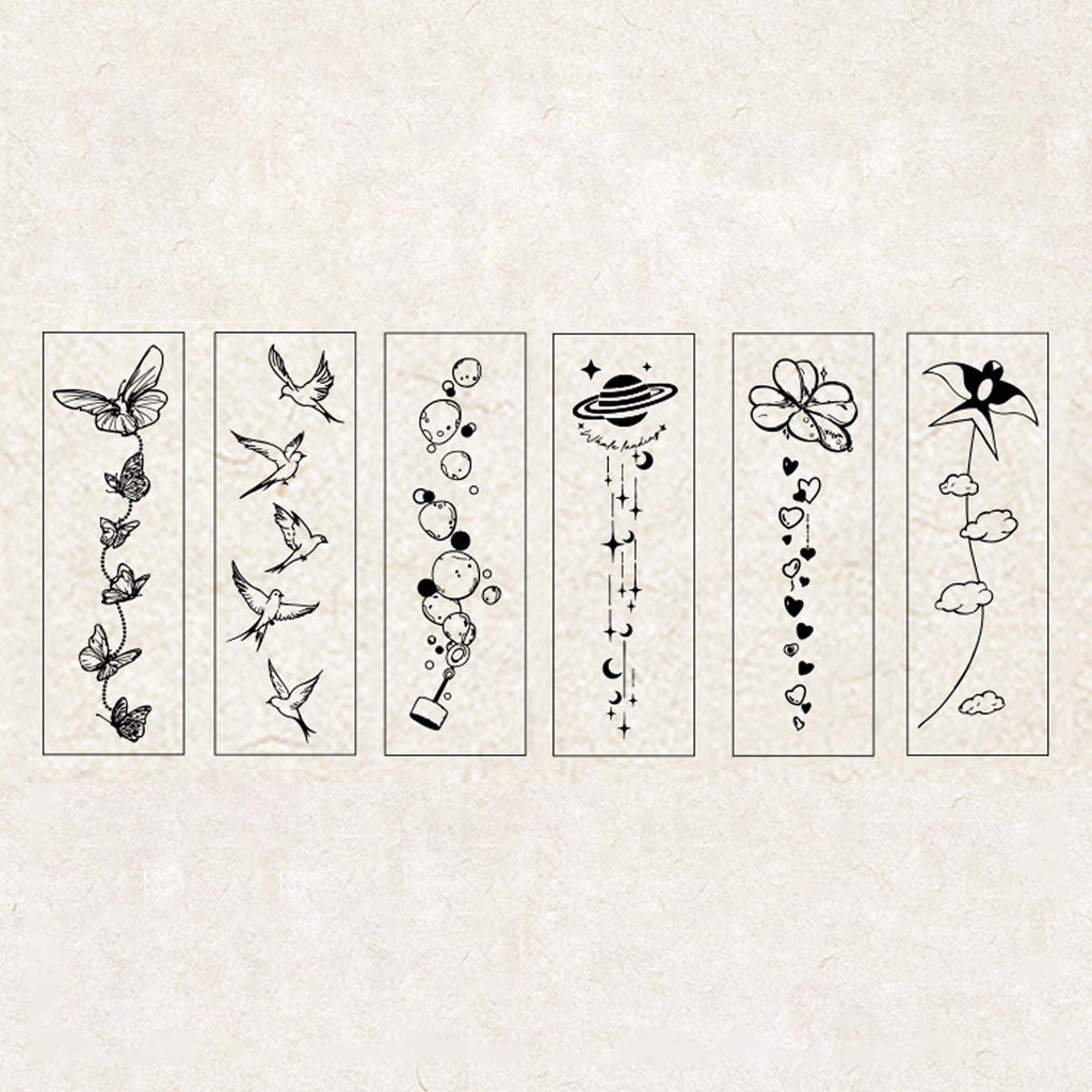 A flat-lay of 6 stamped line-art designs from the Wind-Kissed Poems set, each featuring a vertical layout of butterflies, flying birds, bubble trails, stars and moons, flowers with hearts, and clouds with a windmill, displayed on a textured background.