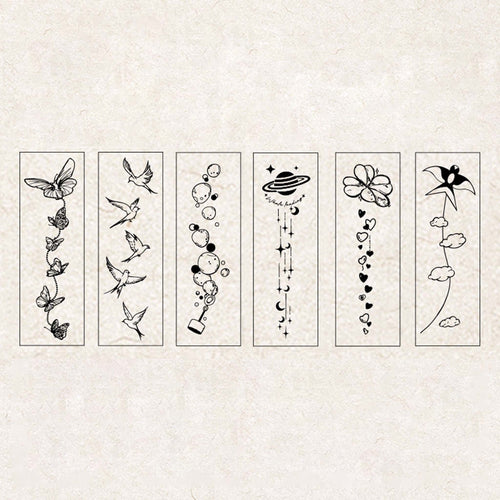 A flat-lay of 6 stamped line-art designs from the Wind-Kissed Poems set, each featuring a vertical layout of butterflies, flying birds, bubble trails, stars and moons, flowers with hearts, and clouds with a windmill, displayed on a textured background.