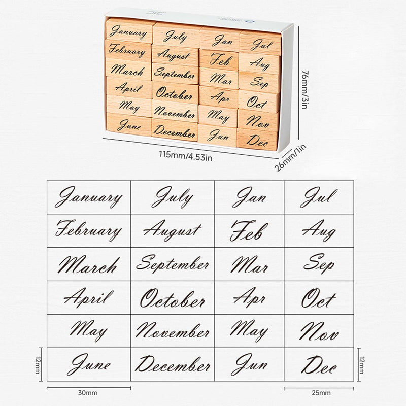 A white storage box containing 24 wooden month stamps featuring both full and abbreviated names in elegant cursive script, with a detailed size guide showing 30×12mm for full spelling and 25×12mm for abbreviated stamps, and the box dimensions marked as 115×76×26mm.
