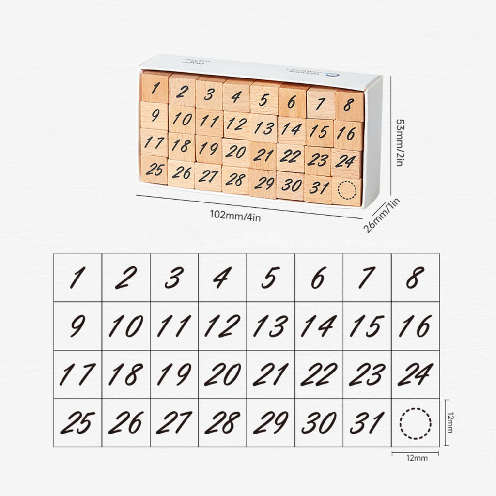 A size guide for the wooden number stamp set, showing the full layout of 32 stamps in a 4×8 grid, with individual stamp dimensions marked as 12×12mm and the full box size marked as 102×53×26mm.