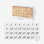 A size guide for the wooden number stamp set, showing the full layout of 32 stamps in a 4×8 grid, with individual stamp dimensions marked as 12×12mm and the full box size marked as 102×53×26mm.