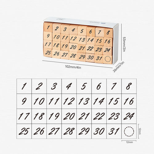 A size guide for the wooden number stamp set, showing the full layout of 32 stamps in a 4×8 grid, with individual stamp dimensions marked as 12×12mm and the full box size marked as 102×53×26mm.