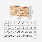 A comprehensive product guide for the wooden number stamp set, showing the white storage box with 32 wooden stamps and its outer dimensions of 102mm × 53mm × 26mm at the top, and a detailed 4×8 layout grid of the 31 numbers and circle stamp with each 12mm × 12mm stamp size labeled at the bottom.
