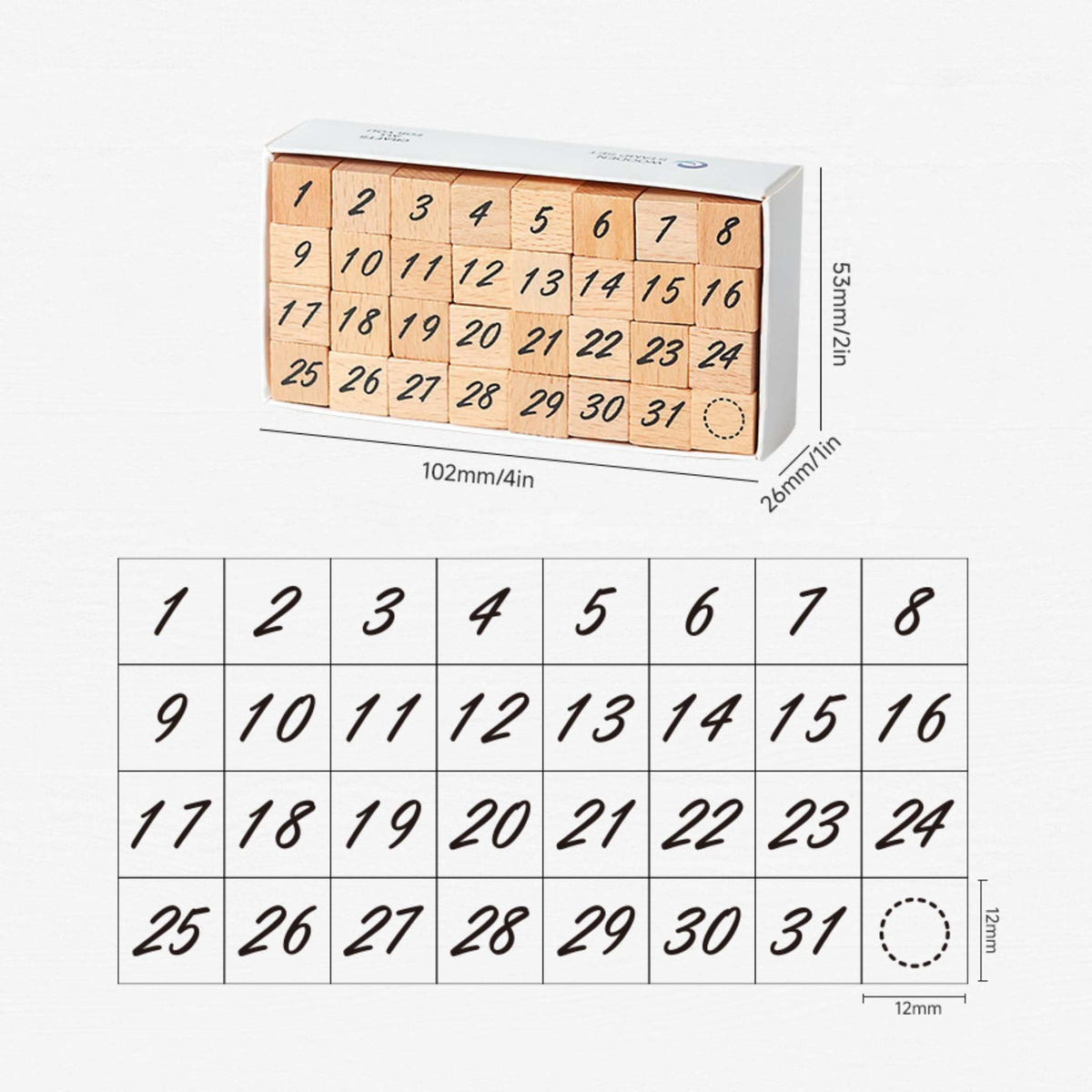 A comprehensive product guide for the wooden number stamp set, showing the white storage box with 32 wooden stamps and its outer dimensions of 102mm × 53mm × 26mm at the top, and a detailed 4×8 layout grid of the 31 numbers and circle stamp with each 12mm × 12mm stamp size labeled at the bottom.