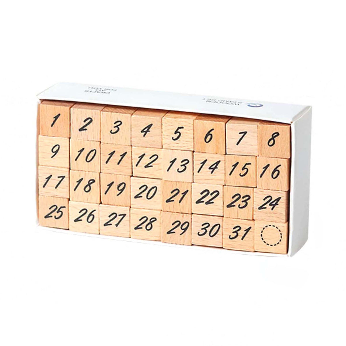 A white storage box containing 32 wooden number stamps arranged in four rows of eight, featuring numbers 1 through 31 and a circle marker, displayed on a clean white background.