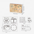 A size guide for the wooden daily planner stamp set, showing a 3×3 layout of weather icons and expression faces with individual stamp dimensions, and the full box size marked as 95×65×26mm.