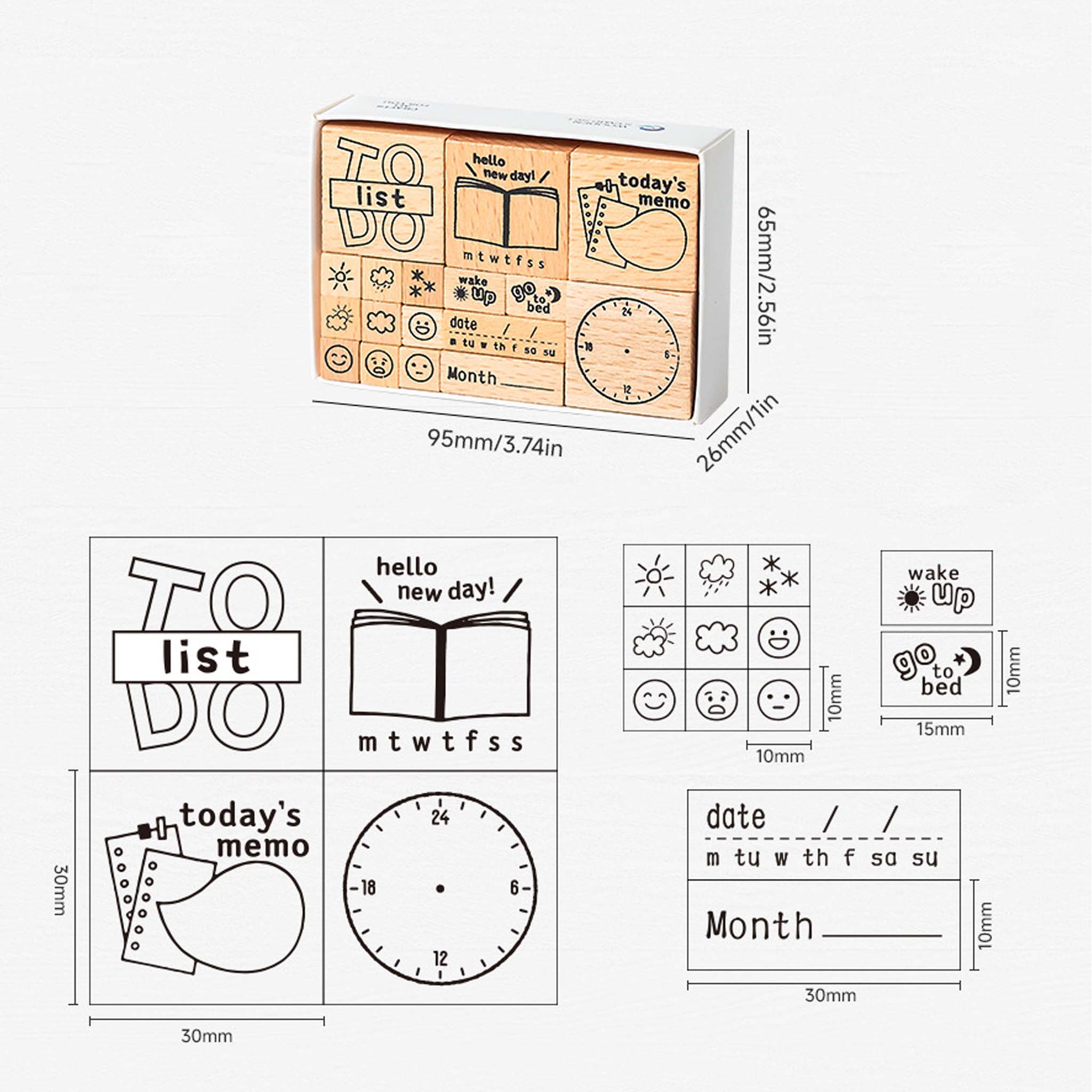A size guide for the wooden daily planner stamp set, showing a 3×3 layout of weather icons and expression faces with individual stamp dimensions, and the full box size marked as 95×65×26mm.