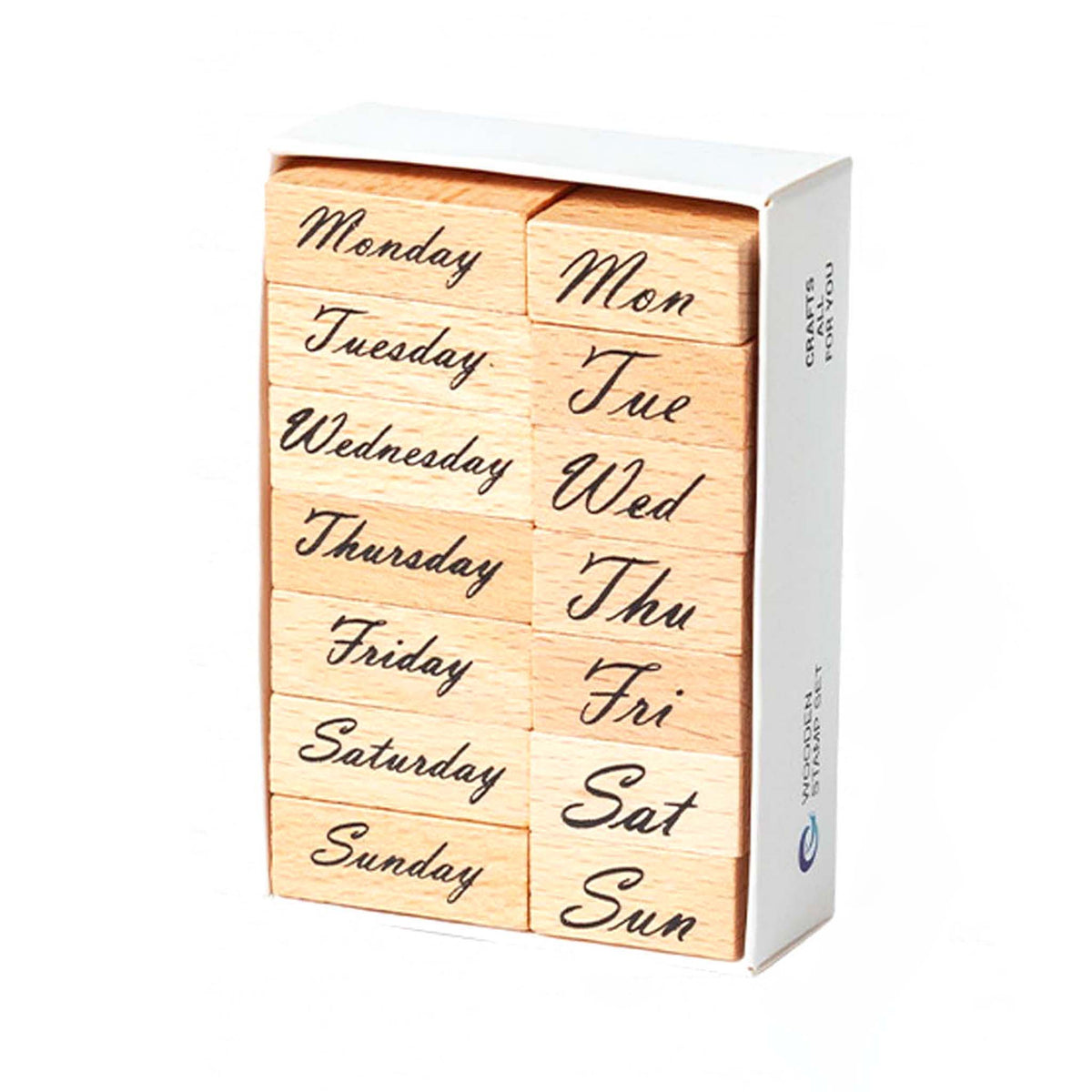 A white storage box containing 14 wooden weekday stamps arranged in two columns, with full weekday names on the left and abbreviated forms on the right, displayed on a clean white background.