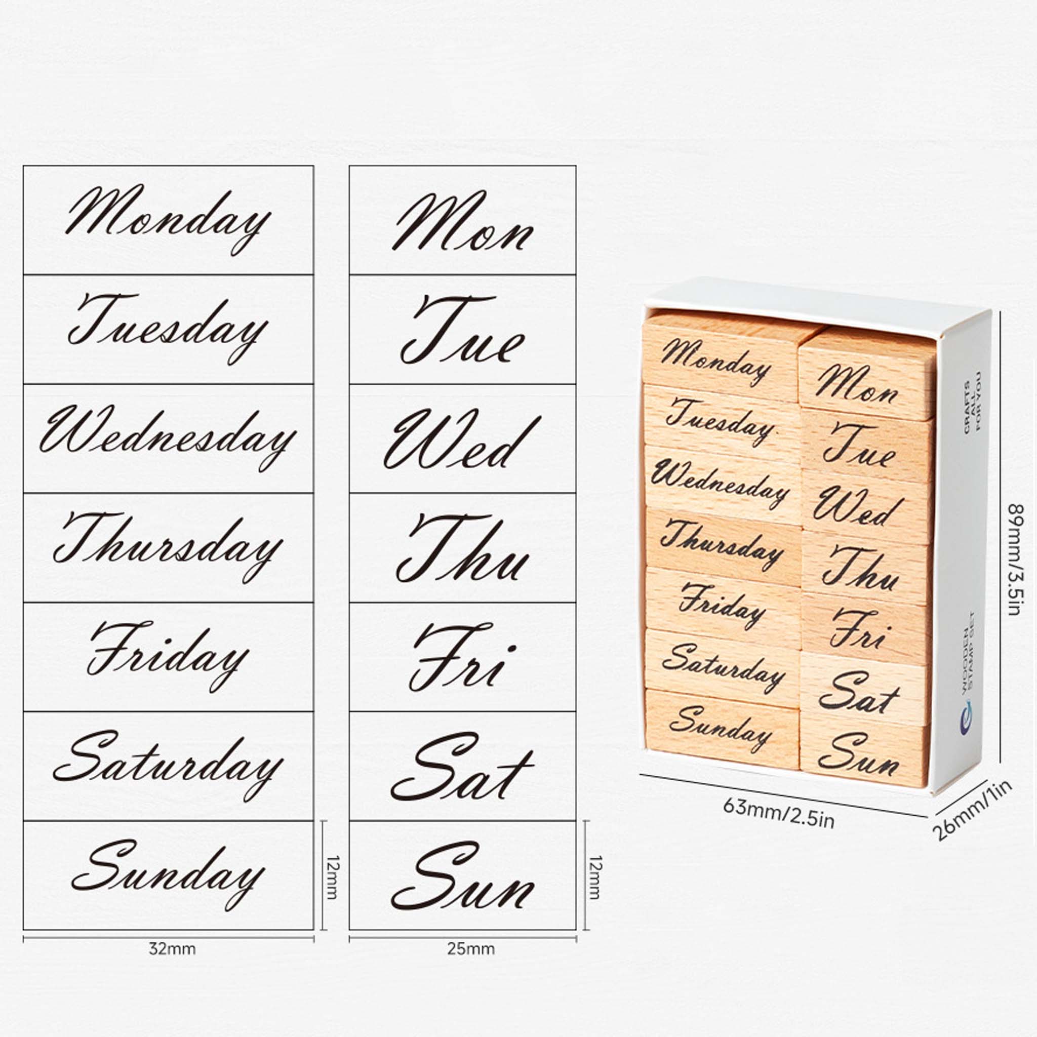 Product size guide for the wooden weekday stamp set, showing full-spelling stamps measuring 32×12mm, abbreviated stamps measuring 25×12mm, and the complete storage box dimensions marked as 63×89×26mm.