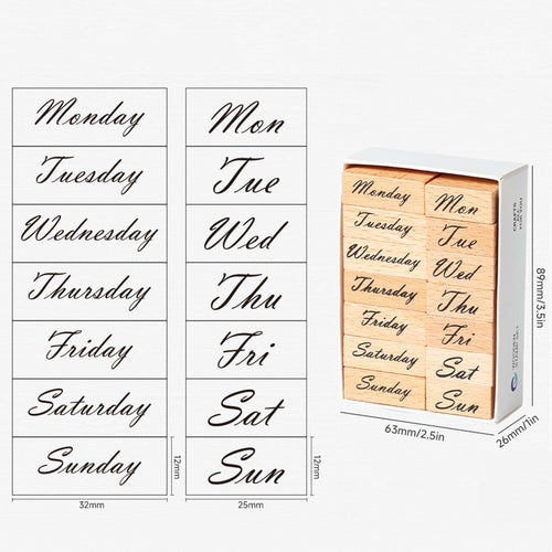 Product size guide for the wooden weekday stamp set, showing full-spelling stamps measuring 32×12mm, abbreviated stamps measuring 25×12mm, and the complete storage box dimensions marked as 63×89×26mm.