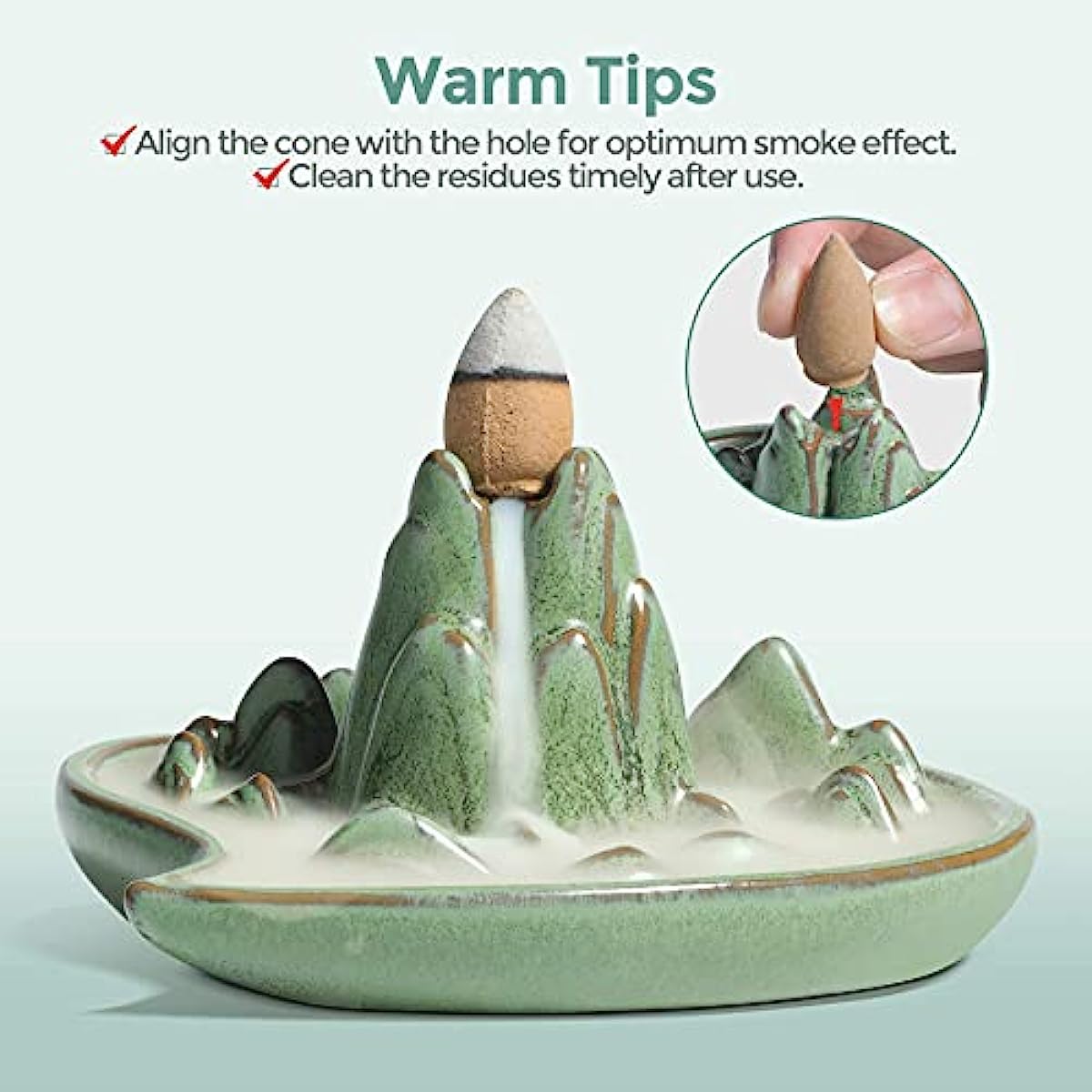 Waterfall Backflow Incense Burner Ceramic, Handmade Small Portable Censer Incense Cone Holder Fountain, Aromatherapy Ornament Home Decor Yoga Meditation Relaxation Office Gift, Mountain