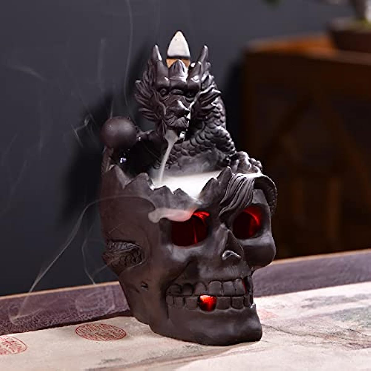 Backflow Incense Holder Burner Handmade Dragon And Skull Ceramic Incense Holder Waterfall Backflow Incense Burner + 20 Backflow Incense Cones + 30 Incense Sticks +1 Tweezer +1 Mat