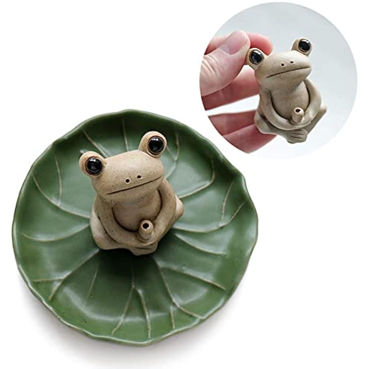 100% Handmade Ceramic Stick Incense Burner Holder,Small Frog Incense,Lotus Leaf Tray,Mini Cute Animal Statue Home Incense Burner