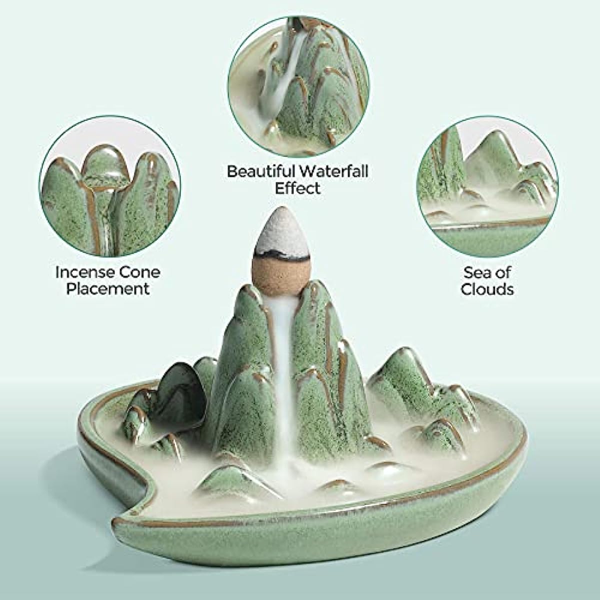 Waterfall Backflow Incense Burner Ceramic, Handmade Small Portable Censer Incense Cone Holder Fountain, Aromatherapy Ornament Home Decor Yoga Meditation Relaxation Office Gift, Mountain