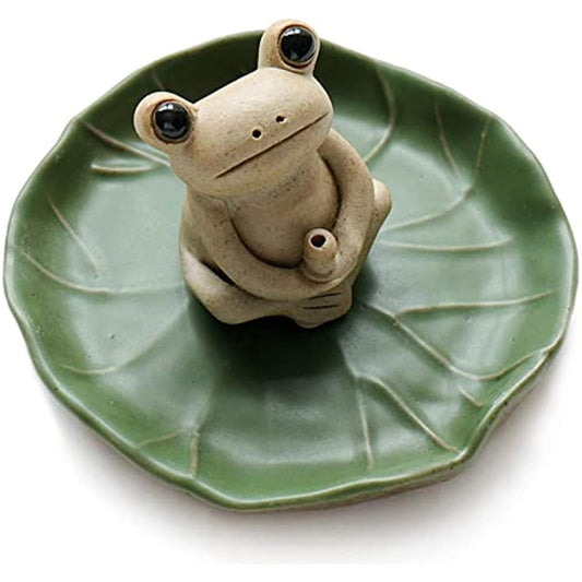 100% Handmade Ceramic Stick Incense Burner Holder,Small Frog Incense,Lotus Leaf Tray,Mini Cute Animal Statue Home Incense Burner