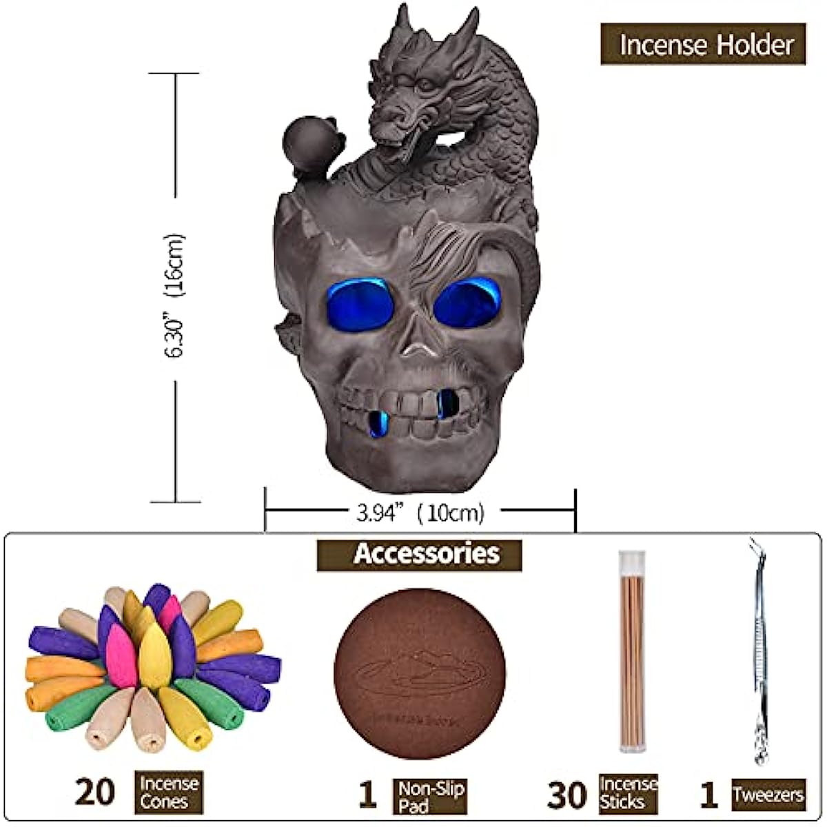 Backflow Incense Holder Burner Handmade Dragon And Skull Ceramic Incense Holder Waterfall Backflow Incense Burner + 20 Backflow Incense Cones + 30 Incense Sticks +1 Tweezer +1 Mat