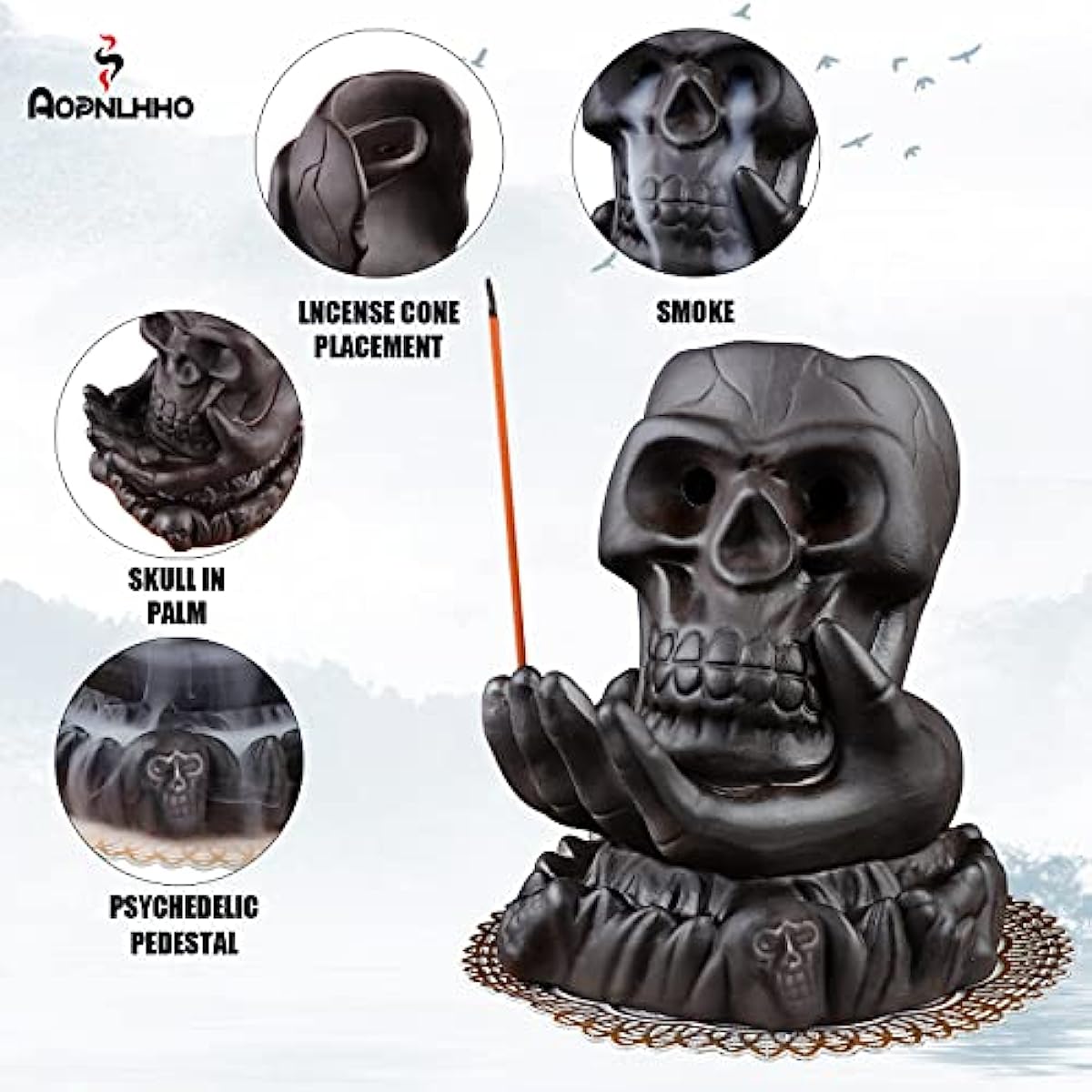 Skull Incense Burner,Waterfall Incense Burners with 20 backflow Incense Cones, Ceramic Backflow Incense Holder for Room Decor