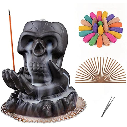 Skull Incense Burner,Waterfall Incense Burners with 20 backflow Incense Cones, Ceramic Backflow Incense Holder for Room Decor