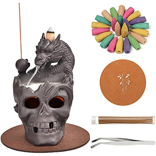 Backflow Incense Holder Burner Handmade Dragon And Skull Ceramic Incense Holder Waterfall Backflow Incense Burner + 20 Backflow Incense Cones + 30 Incense Sticks +1 Tweezer +1 Mat