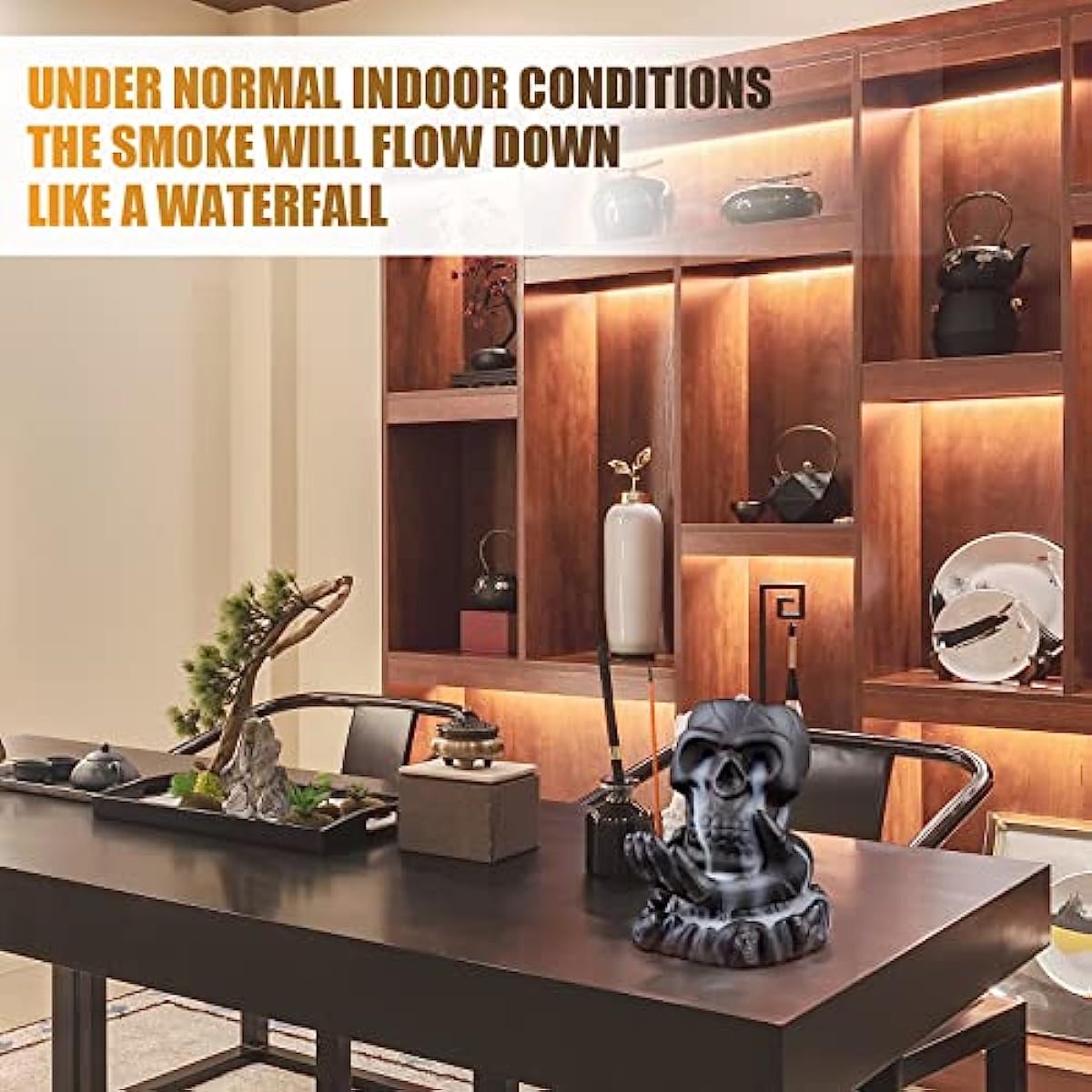 Skull Incense Burner,Waterfall Incense Burners with 20 backflow Incense Cones, Ceramic Backflow Incense Holder for Room Decor