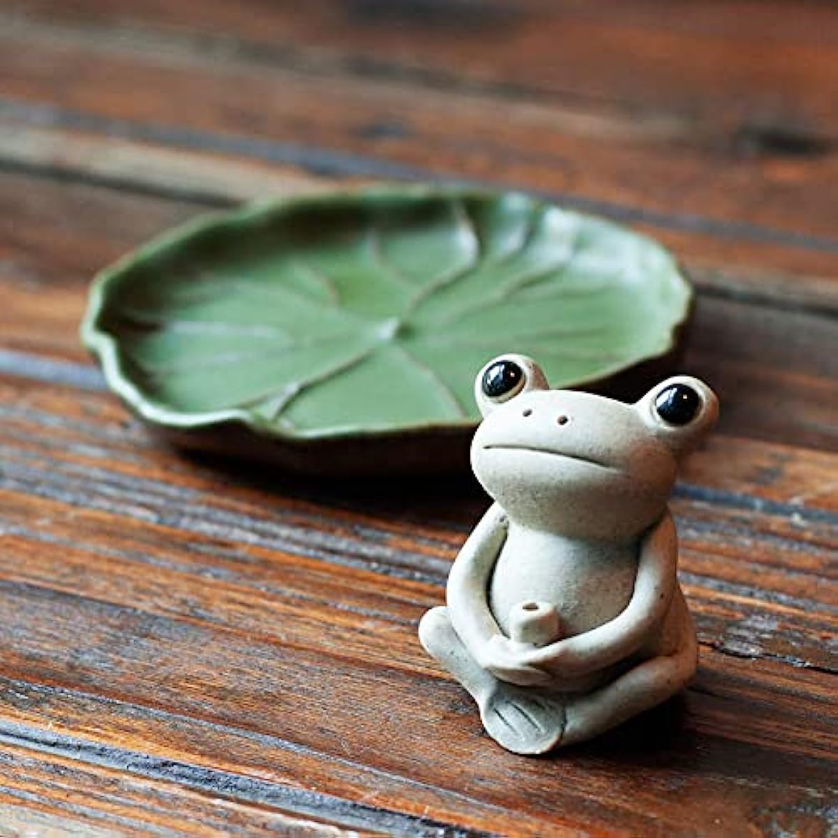 100% Handmade Ceramic Stick Incense Burner Holder,Small Frog Incense,Lotus Leaf Tray,Mini Cute Animal Statue Home Incense Burner