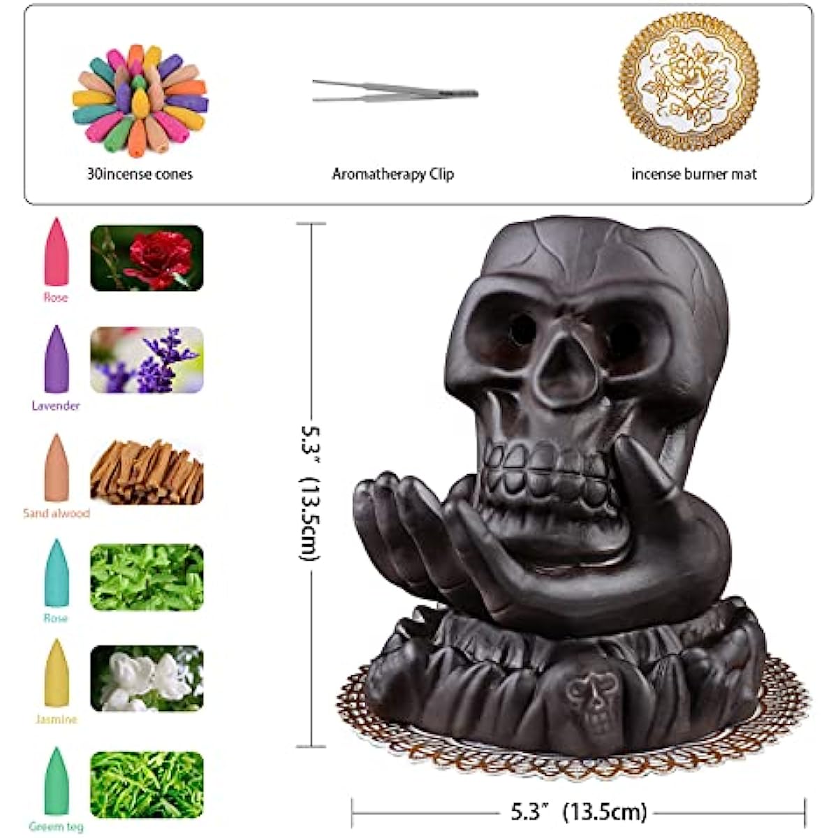 Skull Incense Burner,Waterfall Incense Burners with 20 backflow Incense Cones, Ceramic Backflow Incense Holder for Room Decor