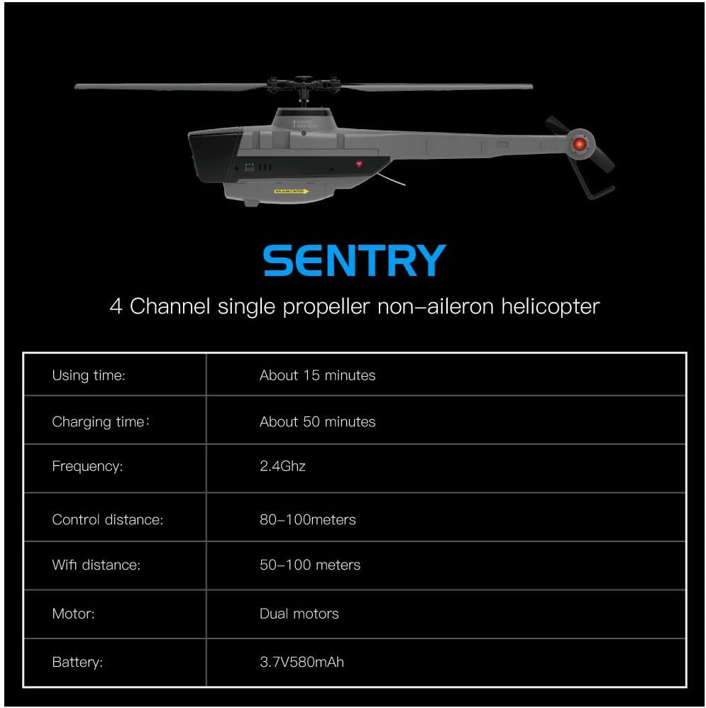 2.4G Remote Control Helicopter with 720P Camera, RC ERA 4CH 6-Axis Gyro, Altitude Hold, Optical Flow Localization, Flybarless RTF Sentry Helicopter, for Kids and Beginners