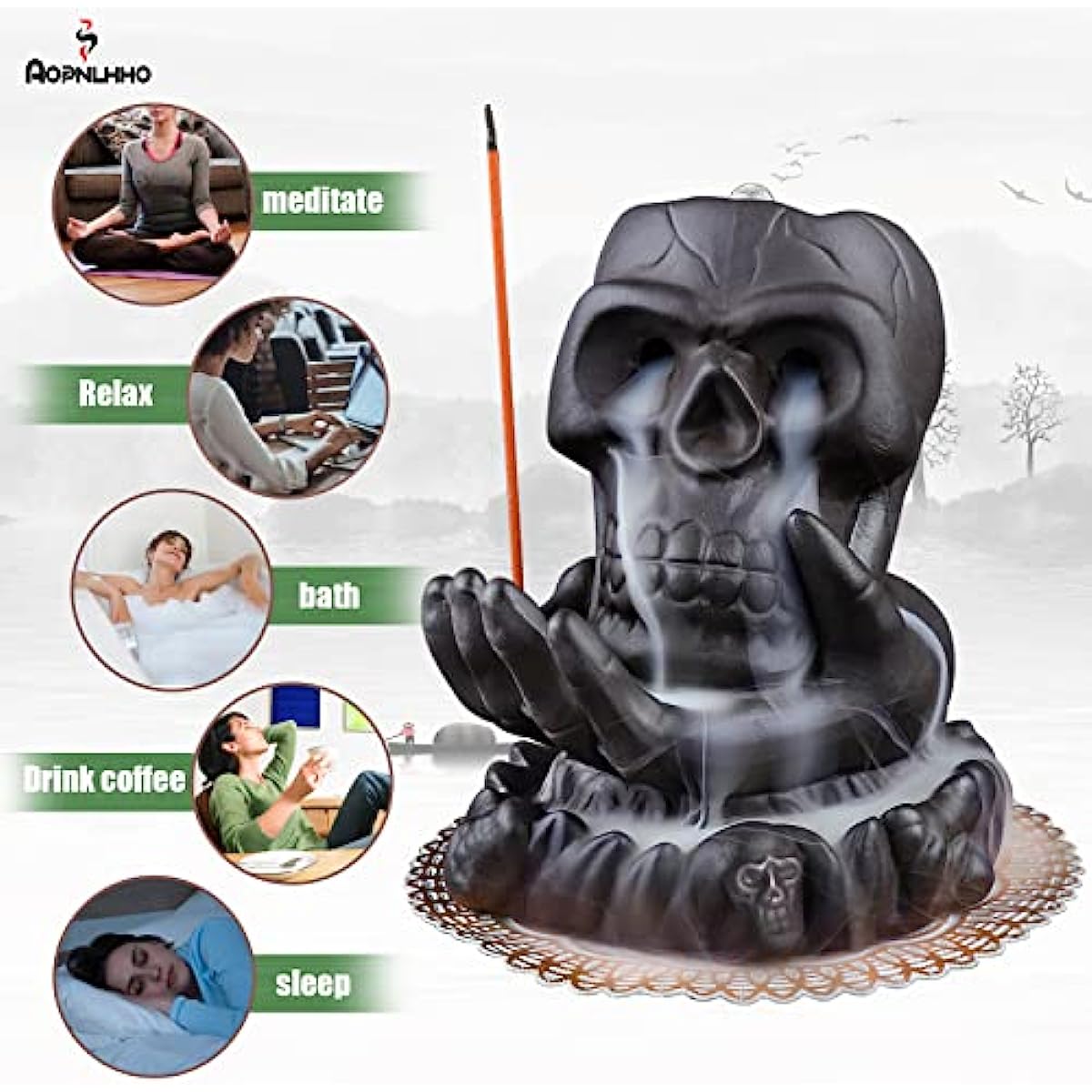 Skull Incense Burner,Waterfall Incense Burners with 20 backflow Incense Cones, Ceramic Backflow Incense Holder for Room Decor