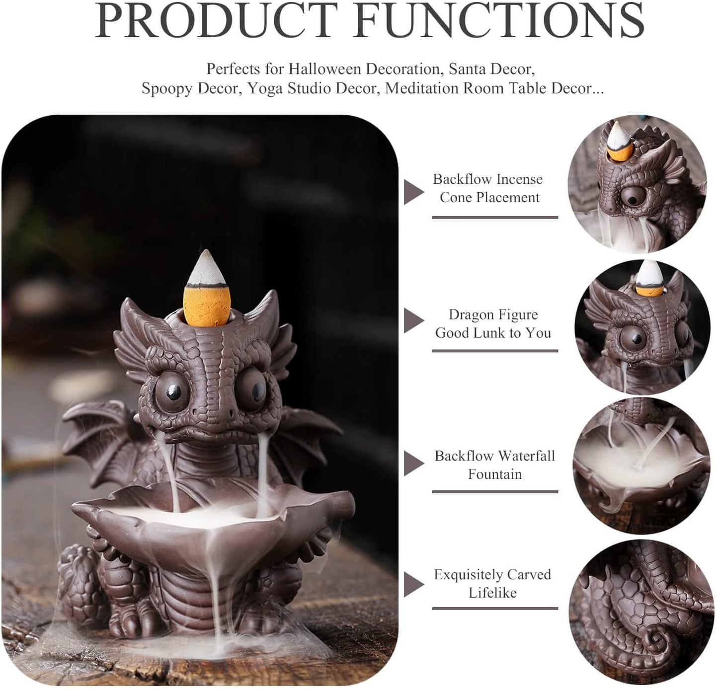 Cute Little Dragon Incense Burner Backflow Incense Burner, Ceramic Dragon Incense Holder Cone Incense Burners Waterfall Incense Burner, Handmade Insencents Holder Dragon Statues Figurines for Halloween Christmas Birthday Gifts