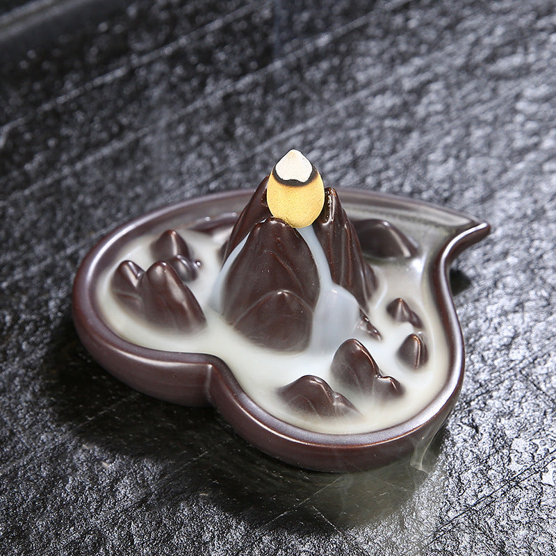 Waterfall Backflow Incense Burner Ceramic, Handmade Small Portable Censer Incense Cone Holder Fountain, Aromatherapy Ornament Home Decor Yoga Meditation Relaxation Office Gift, Mountain