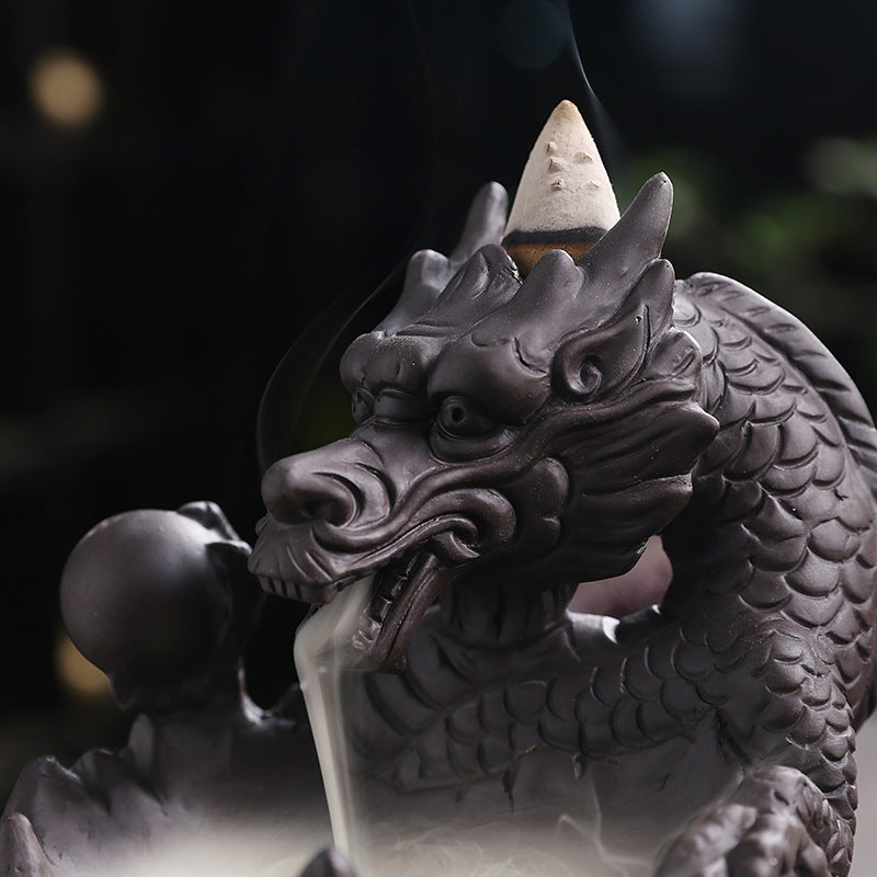 Backflow Incense Holder Burner Handmade Dragon And Skull Ceramic Incense Holder Waterfall Backflow Incense Burner + 20 Backflow Incense Cones + 30 Incense Sticks +1 Tweezer +1 Mat