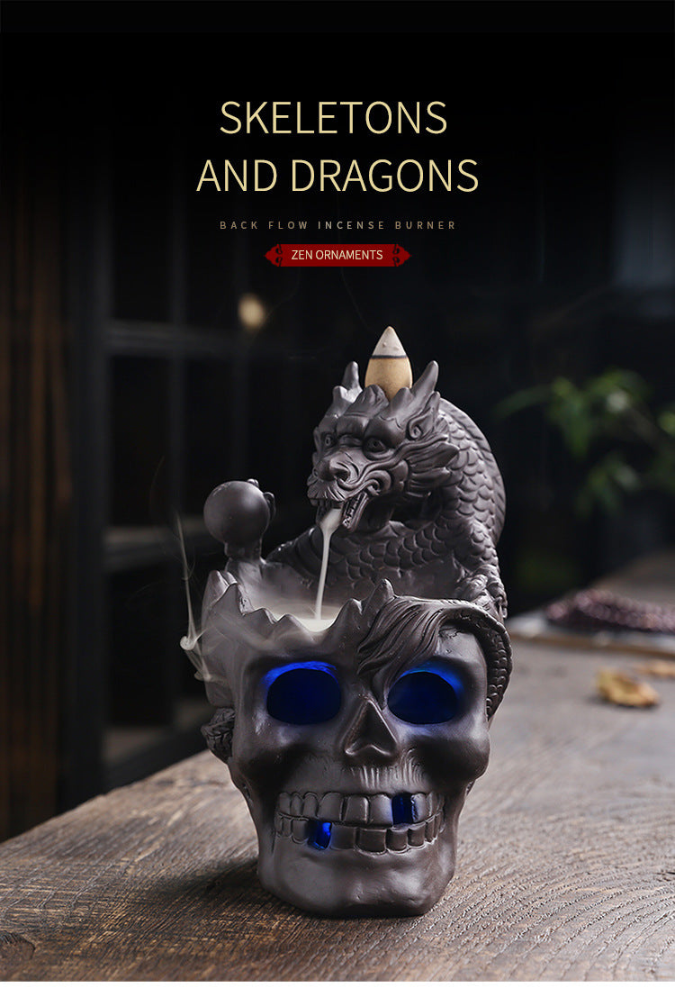 Backflow Incense Holder Burner Handmade Dragon And Skull Ceramic Incense Holder Waterfall Backflow Incense Burner + 20 Backflow Incense Cones + 30 Incense Sticks +1 Tweezer +1 Mat