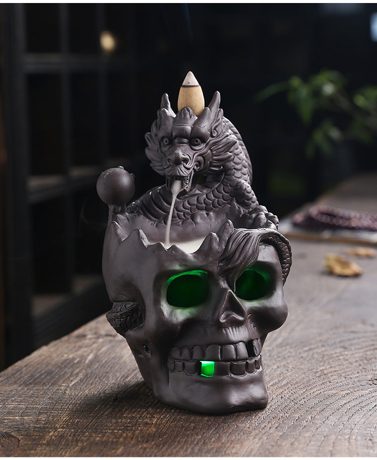 Backflow Incense Holder Burner Handmade Dragon And Skull Ceramic Incense Holder Waterfall Backflow Incense Burner + 20 Backflow Incense Cones + 30 Incense Sticks +1 Tweezer +1 Mat