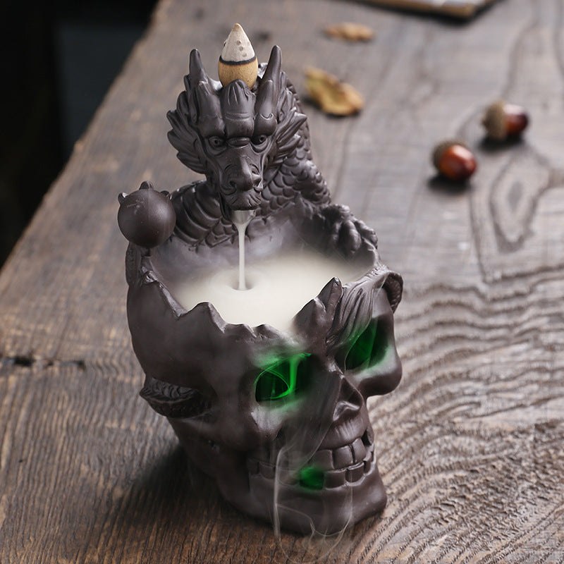 Backflow Incense Holder Burner Handmade Dragon And Skull Ceramic Incense Holder Waterfall Backflow Incense Burner + 20 Backflow Incense Cones + 30 Incense Sticks +1 Tweezer +1 Mat