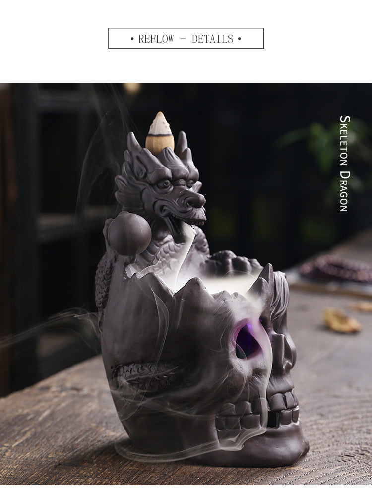 Backflow Incense Holder Burner Handmade Dragon And Skull Ceramic Incense Holder Waterfall Backflow Incense Burner + 20 Backflow Incense Cones + 30 Incense Sticks +1 Tweezer +1 Mat